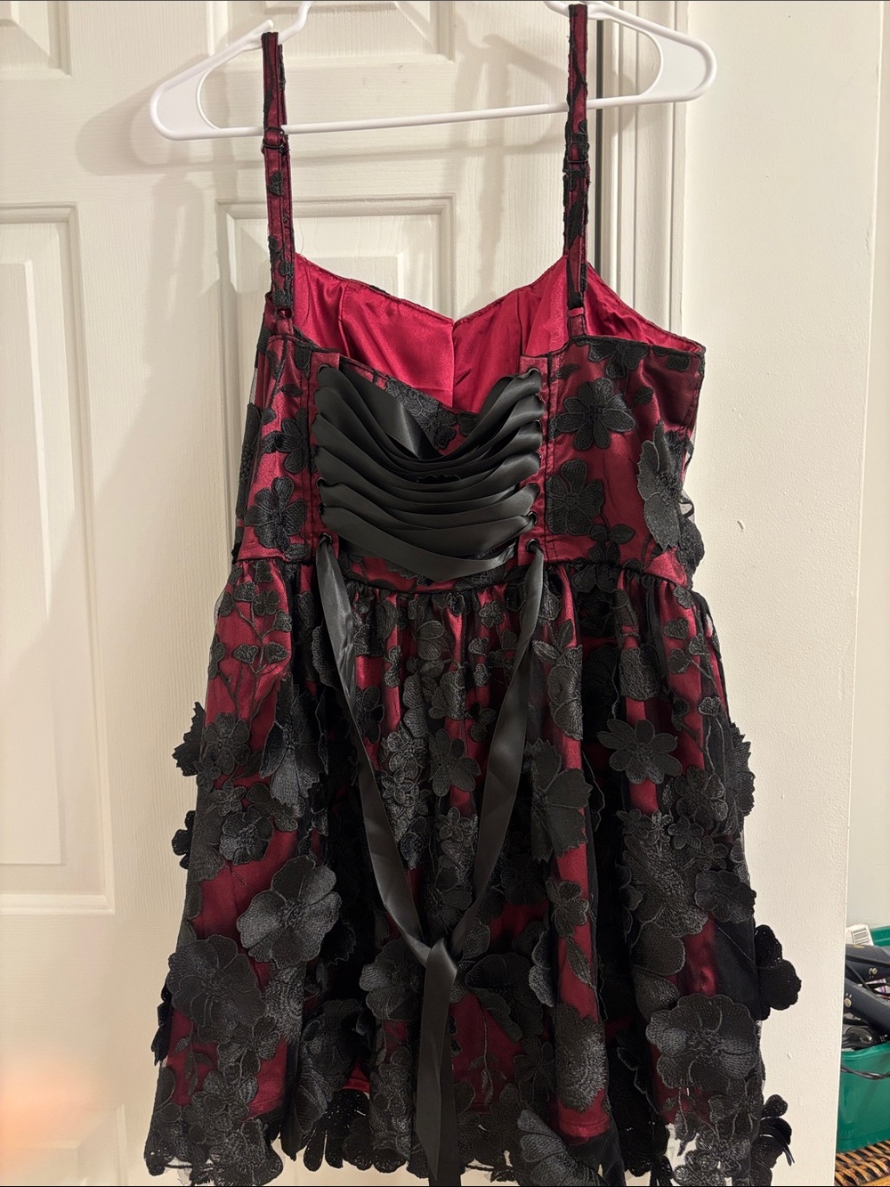 Sugar Thrillz Burgundy and Black Floral Appliqué Mini Dress - Picture 4 of 10
